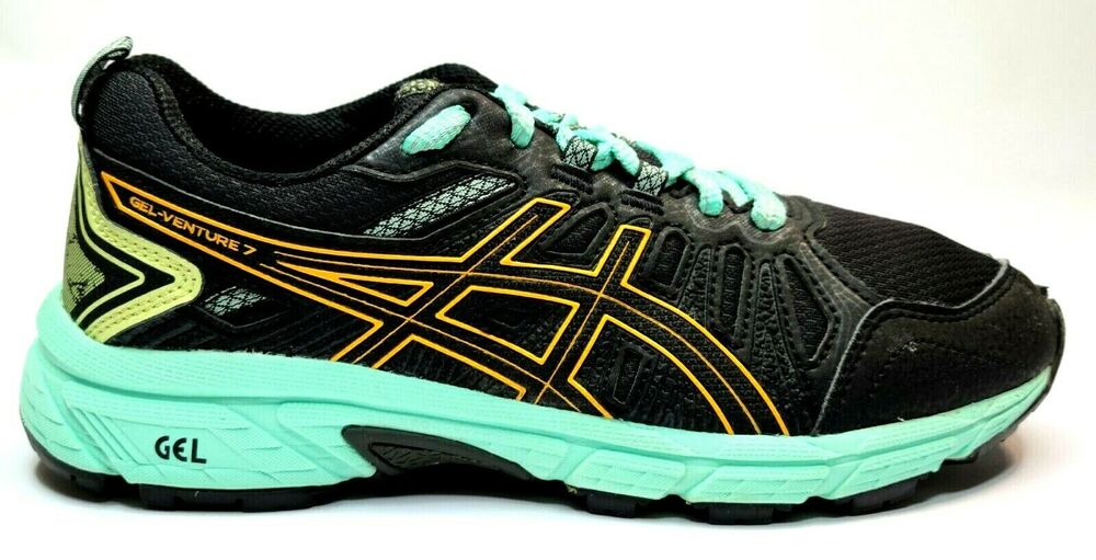 Asics Womens Gel-Venture 7 Sz 7 Running Trail Shoes Black/Orange Pop Teal 1012A4